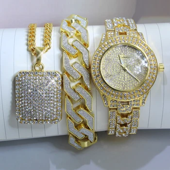 Karopel Ice Out Мъжки часовник в стил хип-хоп, златни, с фианитами, колие и гривна с лед за жени комбиниран комплект бижута, подаръци