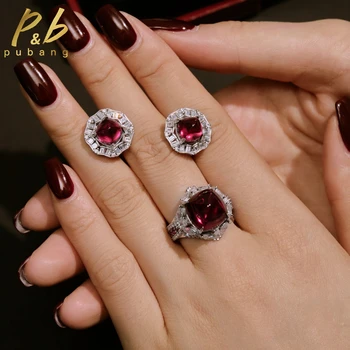PuBang Ретро бижута, определени от настоящия 925 сребро с рубин и муассанитом, пръстени/обеци на годишнина от годеж, за жени, подарък