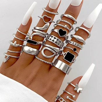 Модерен пръстен във формата на змия сребрист цвят за жени, новият тренд, винтажное пръстен с черно сърце и пеперуда, набор от женски накити 2023, нова бижутерия парти