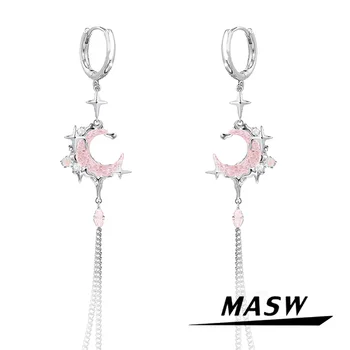 MASW Оригинален дизайн Senior Sense Висококачествени месингови дебели със сребърно покритие висящи обеци с розова Луна, за жени, Подарък за момиче 2023
