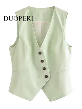 DUOPERI, дамска мода, светло зелено однобортный жилетка, ретро жилетка без ръкави с V-образно деколте, шикозни дамски блузи на бретелях