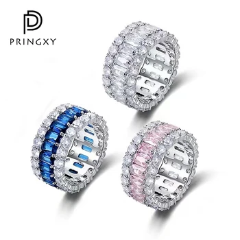 PRINGXY Луксозни трехрядные пръстен с диамант линия за жени, годежен пръстен от сребро 925 проба, кръгъл пръстен, модни бижута, подарък за парти