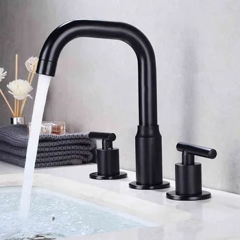 Смесители за мивки за баня 8 'Sink Широко разпространена батерия за мивка за баня с 3 дупки за топла и студена месинг черен смесител за мивка