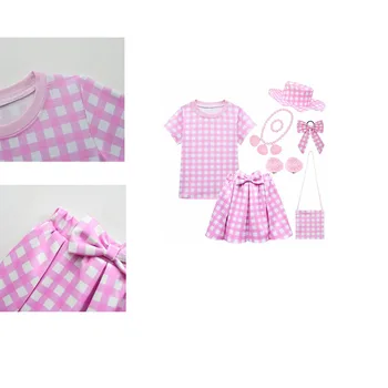 Детски костюм Barbier за cosplay, розово каре блузи за момичета, поли, шапка, шапки, чанти, пълен комплект дрехи, костюм за парти на Хелоуин