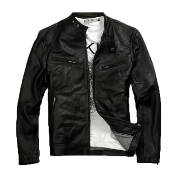 Безплатна доставка на мъжки черни якета от 100% телешка кожа, евтини мотоциклетни якета за отдих на открито, приталенные кожени палта от телешка кожа