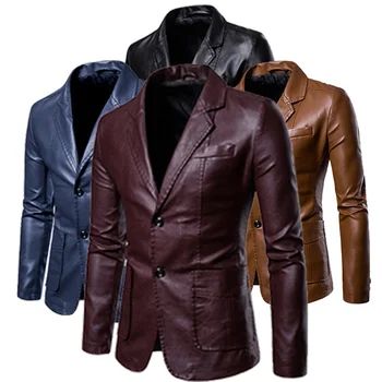 Есенно-зимни модерно мъжко кожено яке с ревера яке от изкуствена кожа, топла выстиранная кожено яке (изкуствена кожа),
