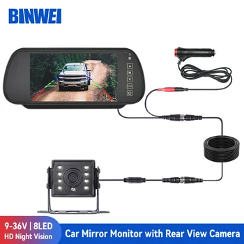 BINWEI 7-инчов автомобилен огледален монитор с камера за обратно виждане за паркиране на автомобил, 12-24 В led екран на камера за нощно виждане HD за обратно виждане