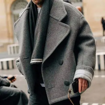 Мъжко зимно палто с дълги ръкави и ревери, двубортные джобове, однотонная топла вълнена горна дреха, градинска облекло