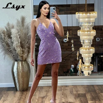 LSYX Лавандулови мини секси рокли за абитуриентски бал с V-образно деколте и пайети 2023 на тънки спагети презрамки и без ръкави, с отворен гръб, вечерна рокля