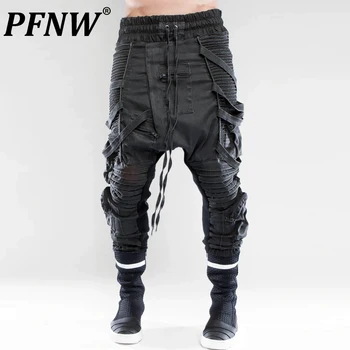 PFNW Пролет есен Нови мъжки реколта асиметрични ежедневни панталони с обемни джобове на ремешках, стилни тъмни панталони 28A1568