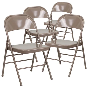 Серия от 4 опаковки, бежово метален сгъваем стол с тройна стена и двойни панти, сгъваеми столове за партита, офис стол за конференция