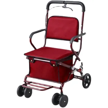 Инвалидна количка за възрастни хора, сгъваема кошница за пазаруване, лека, може да седи на четири колела, за да купуват продукти, може да натиснете малки колички Инвалидна количка за възрастни хора, сгъваема кошница за пазаруване, лека, може да седи на четири колела, за да купуват продукти, може да натиснете малки колички 4