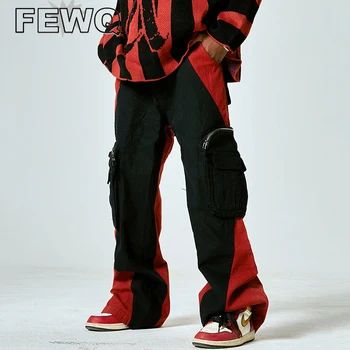 FEWQ/Американски Гащеризон С Големи Джобове, Мъжки хип-Хоп в Контрастен Цвят, с Широки Панталони-Карго, Свободни Директни Ежедневни Панталони 9C911