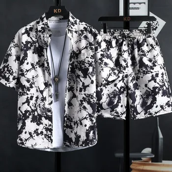 Нови мъжки комплекти на блузи с принтом, висококачествени модни тенденция къси панталони, всекидневни върховете в хавайски стил с флорални принтом