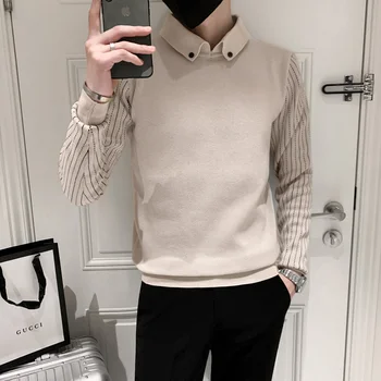 Детайли Вязаный пуловер с яка на риза/мъжки оборудвана модерен случайни пуловер в британския стил, мъжки ежедневни пуловер райе