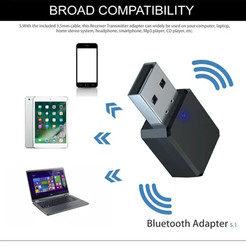 1x Bluetooth съвместим адаптер аудиоприемника 5.1 3.5 мм Aux кабел аудиоприемник с двоен изход 3.5 мм AUX USB, безжичен