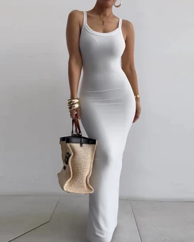 2023 Бельо макси рокля без ръкави с U-образно деколте и бретельками, лятна секси ежедневни облекла, обтягивающее дълга рокля, обикновена бели прилепнали секси халати