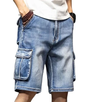 Мъжки дънкови къси панталони-карго с много джобове, широки дънкови къси панталони с пет точки, дънкови къси панталони големи размери, по-големи размери