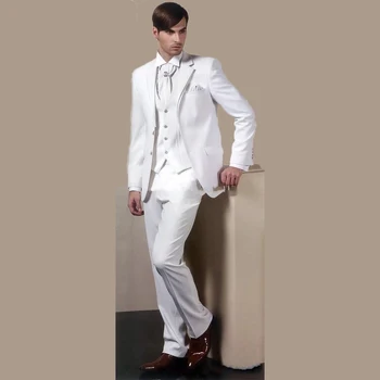 Бели Вечер на Мъжки костюми от три части С изрезки на лацканах, Направен по Поръчка на Сватбени Смокинги (Яке + Панталон + Елек + вратовръзка)