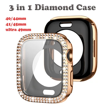 Diamond Калъф + делото За Apple Watch 7 8 45 мм 41 мм и 49 мм 44 мм 40 мм Стъклена Защитно покритие За екрана Броня iWatch 4 5 SE 6 Ultra