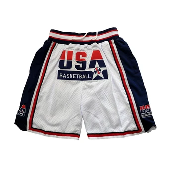 Баскетболни шорти, САЩ, 1992, спортни шорти на открито, високо качество на плажни панталони, окото вентилация, шевна бродерия, бяло, синьо 2023, новост
