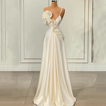 Прекрасна сватбена рокля на спагети презрамки с едно рамо трапецовидна форма с дължина до пола с волани, секси сватбени рокли без ръкави, с дълбоко V-образно деколте