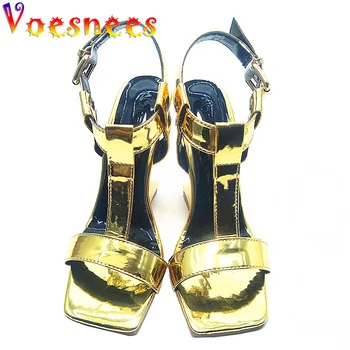 Дамски сандали с Т-образно каишка на глезена, сценична модел обувки за подиум, необичаен петата отзад, модни вечерни обувки-лодка в голям размер, с квадратни пръсти на висок ток