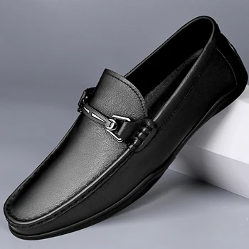 2023 Новата Пролетно Мъжки Ежедневни обувки От Естествена Кожа, Лоферы Без Шнур, Класически Мъжки Черни Обувки На Равна Подметка, Мъжки Приятна Обувки За Шофиране За Мъже