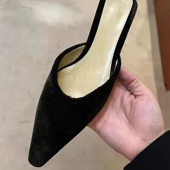 Maxdutti, модерен френски ретро-велурени обувки с остри пръсти, дамски обувки, кожени чехли, дамски прости сандали и чехли Maxdutti, модерен френски ретро-велурени обувки с остри пръсти, дамски обувки, кожени чехли, дамски прости сандали и чехли 2