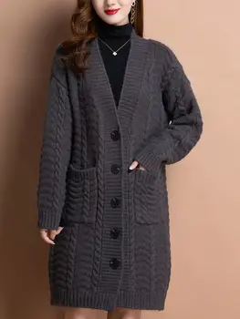 Дамски дрехи, есенно-зимна вязаный жилетка, женски свободен пуловер със средна дължина, с мързелив литература, палто