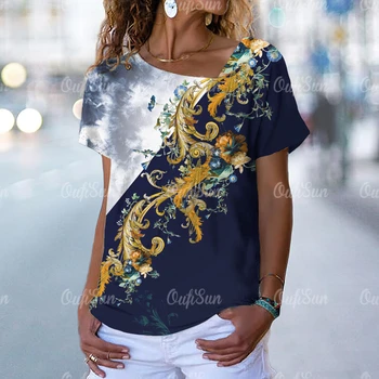 Тениска За Жени, Модни Тениски С Къс Ръкав, Блуза с 3D Принтом, Лятна Тънки Дрехи, Блузи С Флорални Дизайн, Нова Тениска С L-образно деколте, Camiseta