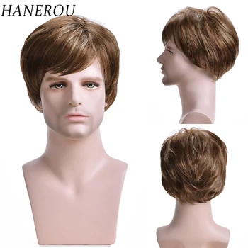HANEROU Синтетичен директен кратък мъжка перука, изработени от естествени кестени коса, термостойкое влакна за cosplay за всеки ден