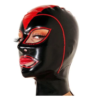 Латексный качулка, сексуална фетишистская черна гумена маска, черна с червена цип отзад, cosplay, костюми за Хелоуин, ушити по поръчка