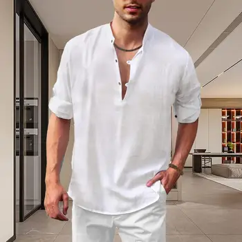 Модерен мъжки есенна риза с висока яка със средна дължина, удобна мъжки есенна риза, свободна мъжки пролетна риза, мъжки дрехи