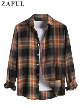 Мъжка риза ZAFUL, клетчатая блуза с асиметрични подолом, унисекс ризи с дълги ръкави, отложной яка, градинска дрехи, есенно-пролетни ризи