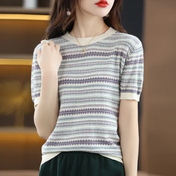 Годишният нов дамски вязаный пуловер с къс ръкав, модна тениска контрастен цвят от 100% памук, без всекидневни топ
