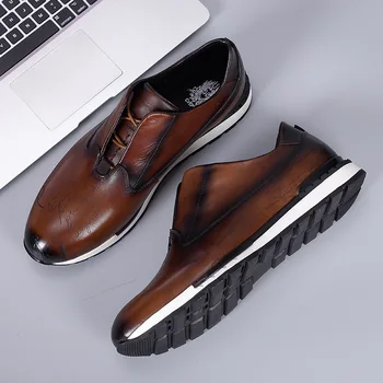 Мъжки обувки от естествена кожа за по-възрастните хора, обувки с кръгло бомбе, нова мода мъжка спортна ежедневни кожени обувки от телешка кожа, мъжки обувки А21