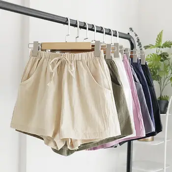 Дамски къси панталони с завязками, висока талия, обикновена двойни джобове, тънки ленени широки дамски ежедневни панталони, градинска облекло