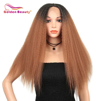 Golden Beauty синтетични перука с дължина 28 инча в афро-кудрявом стил с директни кружевными вложки за черни жени от естествени влакна высокотемпературного