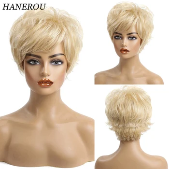 HANEROU Pixie Cut Къси преки къдрави перуки, направени от Синтетични светли женски перуки от естествена коса за cosplay за всеки ден