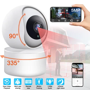 5-Мегапикселова камера, Wi-Fi камера за сигурност за помещения Видеонаблюдение Baby Monito Автоматично следене на човек IP камера пълноцветен безжична камера за нощно виждане