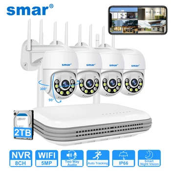 Smartdo 8CH NVR 5MP Комплект Безжична Камера Двупосочна Аудио 1080P Външна PTZ WiFi Цветна видео Система за Нощно Виждане Комплект iCSee