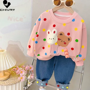 Новост 2023 година, есента модерен детски пуловер с шарките на мечок от анимационен филм, hoody полка точки, върхове с джинсовыми панталони, комплекти за ежедневни дрехи за момчета и момичета
