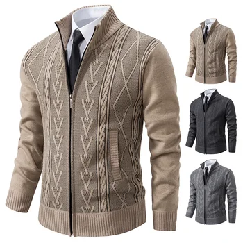 Нов мъжки оборудвана вязаный жилетка, модерно универсално палто 2023, пролетно-есенен пуловер с висока яка за мъже