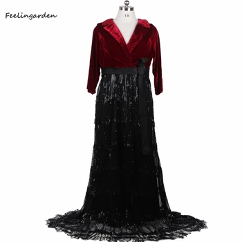 Вечерни рокли Feelingarden бордо цвят с пискюли и пайети, V-образно деколте, цип отзад, Русалка,-тромпет, - големи размери, секси вечерна рокля F227