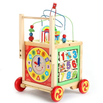 Дървена количка, детски многофункционални дървени играчки с големи расшитыми мъниста шкатулками за съкровище