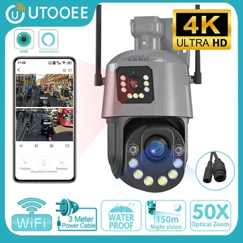 UTOOEE 4K 8MP Метална Двухобъективная PTZ Wifi Камера Външна 50-Кратно Оптично Увеличение AI Откриване на Човек, На 150 М IP Камера за Нощно Виждане iCSee