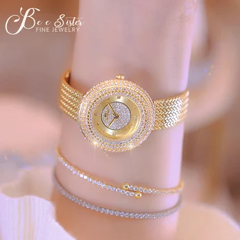 Дамски часовници BS Bee Sister Луксозна марка, дамски ръчни часовници с кристали, злато и сребро сито каишка, водоустойчив