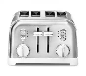 Класически метален тостер за 4 филийки, Два циферблата Запържване с 6 настройки, две бутони затопляне, размразяване и приготвяне на гевреци с led индикатори.