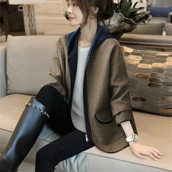 Шапка в клетката, зашити в стил мозайка, вълнена палта, дамски пролетната мода 2023, корейската версия, ежедневното палто за отслабване, темперамент, пътуване по работа